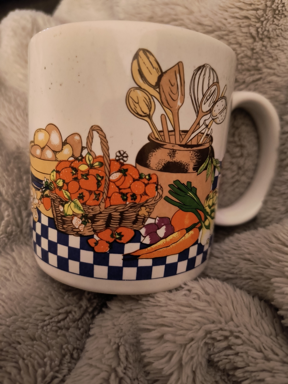 Fruit & Kitchen Utensil Ceramic Mug with Orange and Blue Design